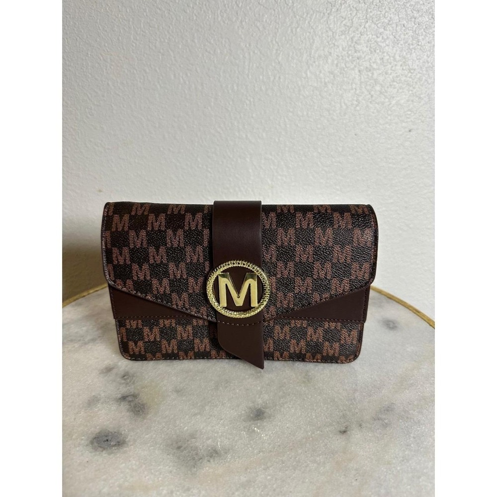 Womens Brown Monogram M Logo Crossbody Bag Gold Hardware Envelope Flap Purse